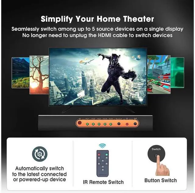 Alt view image 4 of 7 - 5 Port 4K HDMI Switch with Remote Premium 5 in 1 Out 4K @60Hz HDMI2.0 Switcher Selector, Support HDR 10, HDCP 2.2, Dolby Vision/ Atmos, Auto-Switch, 18Gbps, CEC, 1080P/3D eokCXOY