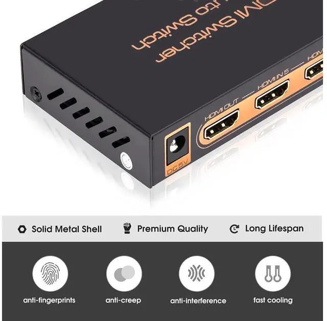 Alt view image 6 of 7 - 5 Port 4K HDMI Switch with Remote Premium 5 in 1 Out 4K @60Hz HDMI2.0 Switcher Selector, Support HDR 10, HDCP 2.2, Dolby Vision/ Atmos, Auto-Switch, 18Gbps, CEC, 1080P/3D eokCXOY