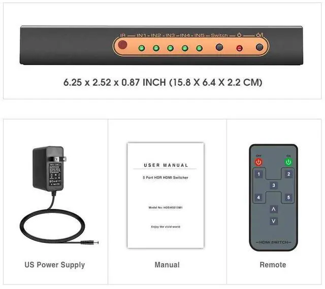 Alt view image 7 of 7 - 5 Port 4K HDMI Switch with Remote Premium 5 in 1 Out 4K @60Hz HDMI2.0 Switcher Selector, Support HDR 10, HDCP 2.2, Dolby Vision/ Atmos, Auto-Switch, 18Gbps, CEC, 1080P/3D eokCXOY