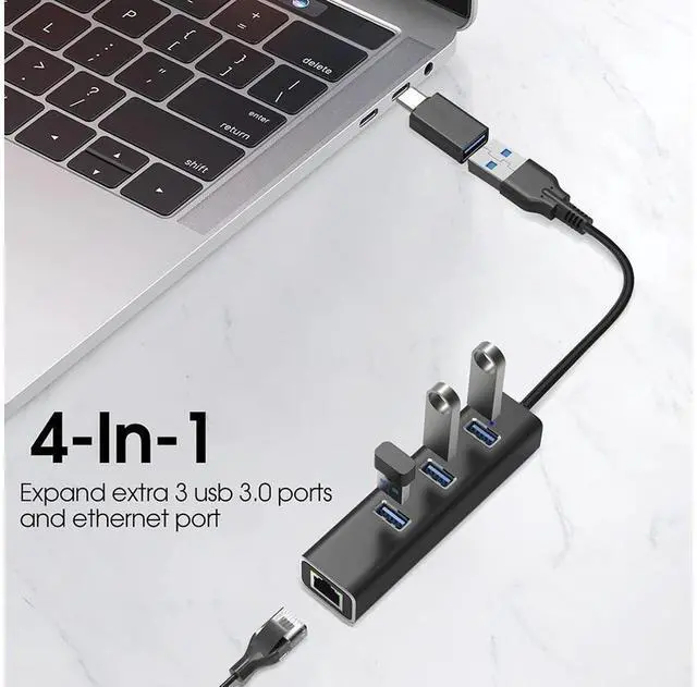 Alt view image 2 of 7 - 3 Ports USB 3.0 Hub with 1000M RJ45 Ethernet Adapter, [4 in 1] USB Hub Splitter for Laptop, Multiple USB Port Extender Hub, Aluminum USB to 1000Mbps Ethernet Adapter USB Expander Hub for Laptops