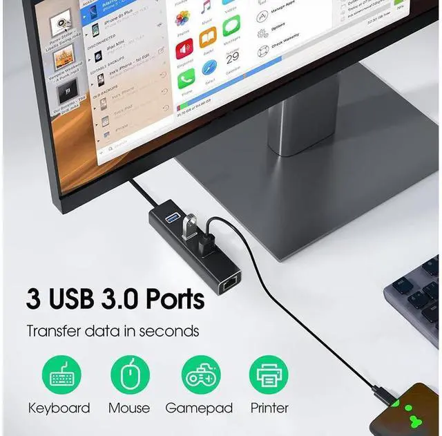 Alt view image 3 of 7 - 3 Ports USB 3.0 Hub with 1000M RJ45 Ethernet Adapter, [4 in 1] USB Hub Splitter for Laptop, Multiple USB Port Extender Hub, Aluminum USB to 1000Mbps Ethernet Adapter USB Expander Hub for Laptops