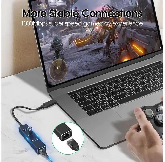 Alt view image 4 of 7 - 3 Ports USB 3.0 Hub with 1000M RJ45 Ethernet Adapter, [4 in 1] USB Hub Splitter for Laptop, Multiple USB Port Extender Hub, Aluminum USB to 1000Mbps Ethernet Adapter USB Expander Hub for Laptops