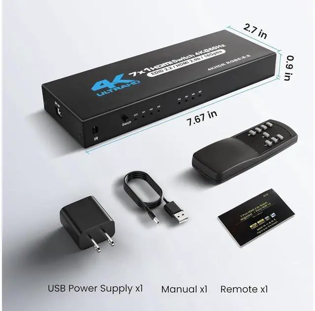 Alt view image 7 of 7 - 7 Port HDMI Switch 7 in 1 Out 4K@60Hz, 7x1 HDMI Switcher with IR Remote, 7 Port HDMI Selector Box Support HDMI2.0, Do-l-by Vision/At-mos, HDR10 for Xbox, Switch, PS5/4, Roku, Fire Stick eokCXOY
