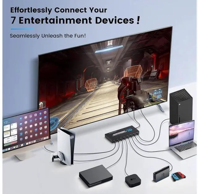 Alt view image 2 of 7 - 7 Port HDMI Switch 7 in 1 Out 4K@60Hz, 7x1 HDMI Switcher with IR Remote, 7 Port HDMI Selector Box Support HDMI2.0, Do-l-by Vision/At-mos, HDR10 for Xbox, Switch, PS5/4, Roku, Fire Stick eokCXOY