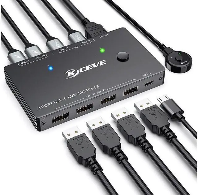 Main image of 2 Ports USB Type-C KVM Switch 4K@60Hz, 2 in 1 Out USB C KVM Switch for 2 Computers Share 1 HDMI Monitor and USB Devices-Power Delivery 100W,Type-C KVM with USB-C Cable,HD-MI2.0 Cable and Wired Remote