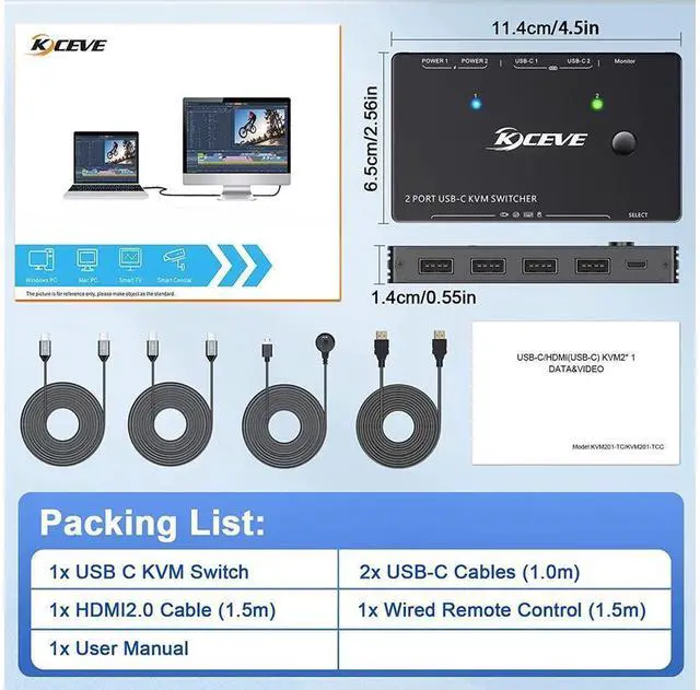 Alt view image 7 of 7 - 2 Ports USB Type-C KVM Switch 4K@60Hz, 2 in 1 Out USB C KVM Switch for 2 Computers Share 1 HDMI Monitor and USB Devices-Power Delivery 100W,Type-C KVM with USB-C Cable,HD-MI2.0 Cable and Wired Remote