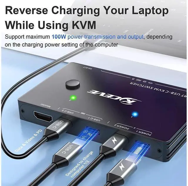 Alt view image 5 of 7 - 2 Ports USB Type-C KVM Switch 4K@60Hz, 2 in 1 Out USB C KVM Switch for 2 Computers Share 1 HDMI Monitor and USB Devices-Power Delivery 100W,Type-C KVM with USB-C Cable,HD-MI2.0 Cable and Wired Remote