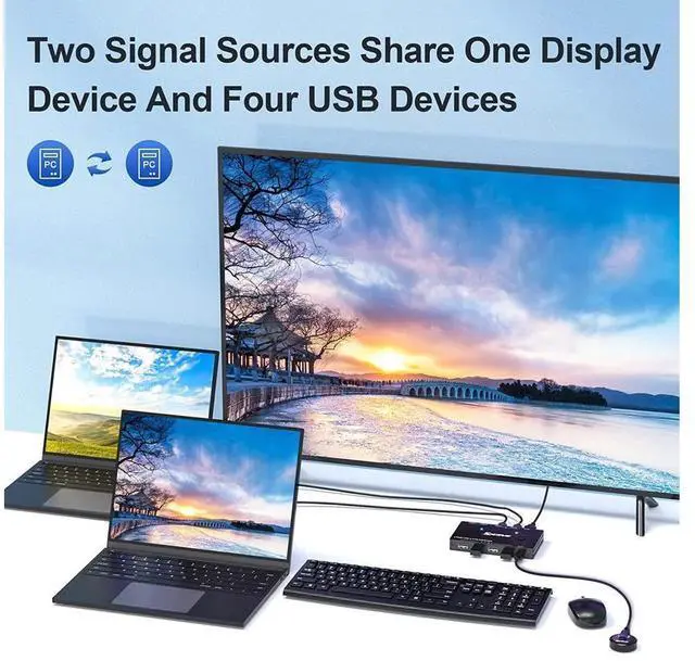Alt view image 4 of 7 - 2 Ports USB Type-C KVM Switch 4K@60Hz, 2 in 1 Out USB C KVM Switch for 2 Computers Share 1 HDMI Monitor and USB Devices-Power Delivery 100W,Type-C KVM with USB-C Cable,HD-MI2.0 Cable and Wired Remote