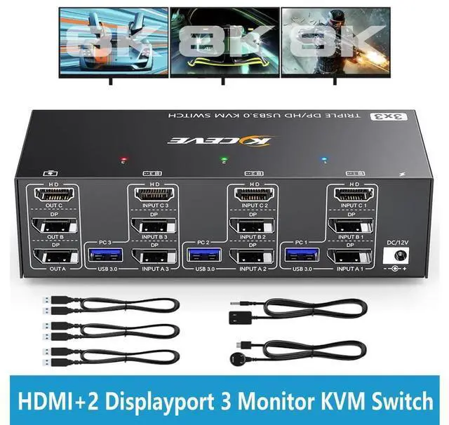 Main image of KVM Switch 3 Monitors 3 Computers 8K@60Hz 4K@144Hz, HDMI+2 Displayport Triple Monitor KVM Switch for 3 Computer Share 3 Monitor and 4 USB3.0 Devices, Wired Remote and 12V power Adapter Included