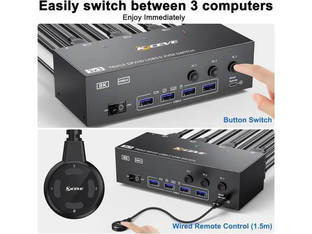 Alt view image 6 of 7 - KVM Switch 3 Monitors 3 Computers 8K@60Hz 4K@144Hz, HDMI+2 Displayport Triple Monitor KVM Switch for 3 Computer Share 3 Monitor and 4 USB3.0 Devices, Wired Remote and 12V power Adapter Included