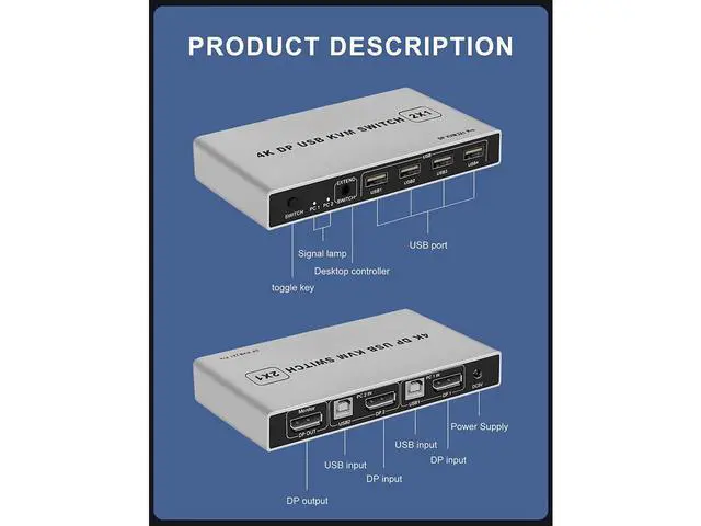 Alt view image 3 of 7 - DisplayPort USB KVM Switch 2 Port 4K 60Hz USB and DP Switch for 2 Computers Share Keyboard Mouse Printer Monitor for Laptop,PC, Xbox HDTV, with 2x USB Cable, 1x Switch Button Cable, 1x Power Cable