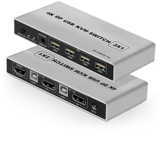 Main image of DisplayPort USB KVM Switch 2 Port 4K 60Hz USB and DP Switch for 2 Computers Share Keyboard Mouse Printer Monitor for Laptop,PC, Xbox HDTV, with 2x USB Cable, 1x Switch Button Cable, 1x Power Cable