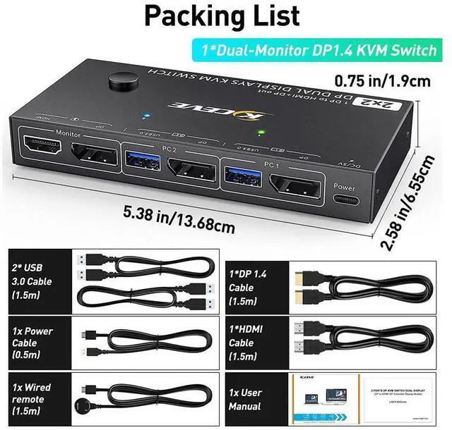 Alt view image 7 of 7 - Dual Monitor DisplayPort KVM Switch 8K@30Hz for 2 PCs 2 Monitors, USB 3.0 DP1.4 KVM Switch 2 Displayport in Displayport + HDMI Out, Backnward Compatible DP1.2 with DP+USB Cables and Wired Controller