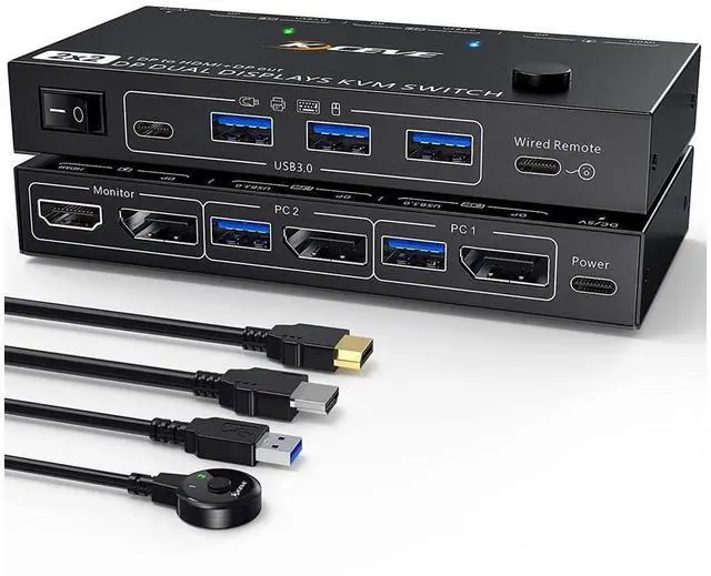 Main image of Dual Monitor DisplayPort KVM Switch 8K@30Hz for 2 PCs 2 Monitors, USB 3.0 DP1.4 KVM Switch 2 Displayport in Displayport + HDMI Out, Backnward Compatible DP1.2 with DP+USB Cables and Wired Controller
