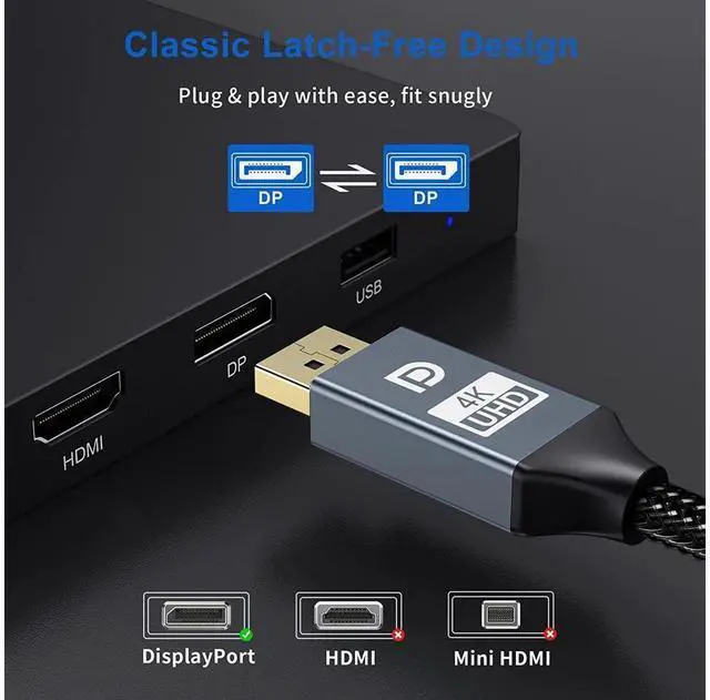 Alt view image 3 of 7 - 4K DisplayPort to Displayport Cable 16.4ft/5M, DP1.2 Support 4K @60Hz, 2K @165Hz, 2K @144Hz, Ultra High Speed DisplayPort Cable HD Cord with Nylon Braided for PC,Monitor, TV, Projector eokCXOY