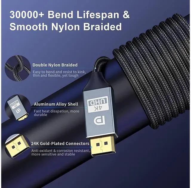 Alt view image 4 of 7 - 4K DisplayPort to Displayport Cable 16.4ft/5M, DP1.2 Support 4K @60Hz, 2K @165Hz, 2K @144Hz, Ultra High Speed DisplayPort Cable HD Cord with Nylon Braided for PC,Monitor, TV, Projector eokCXOY