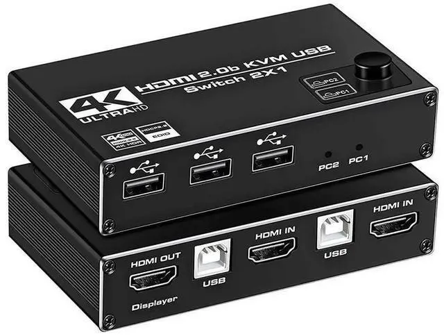 Main image of HDMI 2.0b KVM Switch USB 2 Port 4K HDMI, 2 Computers Share One Monitor 2x1 HDMI KVM Switch, 3 USB 2.0 Hub, Ultra HD 4K@60Hz, HDCP 2.2, Support Wireless Keyboard and Mouse eokCXOY