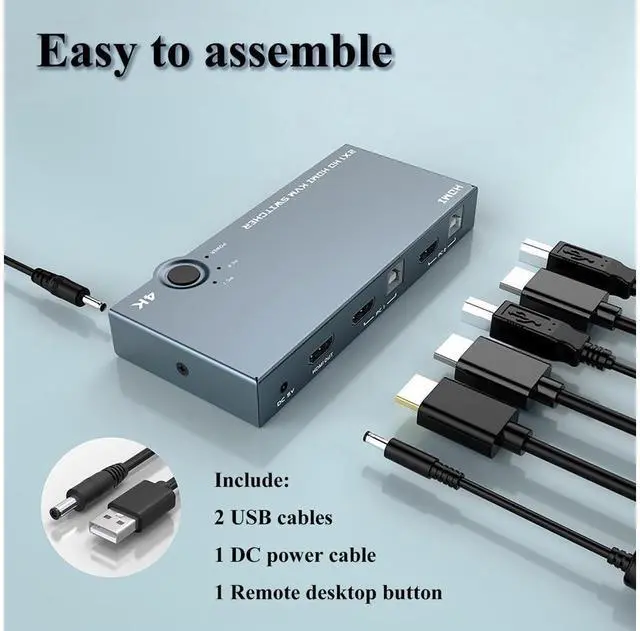 Alt view image 3 of 7 - HDMI KVM Switch 2 Port, USB2.0, Ultra HD 4K @60Hz, 2 PC Share 1 Set of Keyboard, Mouse and Monitor,Support Wireless Keyboard and Mouse eokCXOY