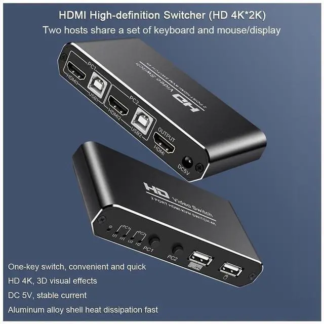 Alt view image 3 of 7 - 1Pcs 2X1 HDMI KVM Switch Monitor Swich UHD 4K@30Hz 2 In 1 Out Hotkey Switch with 2 Pcs 4.9ft KVM Cables Supports Mechanical and Multimedia Keyboard &Mouse USB 2.0 Devices eokCXOY