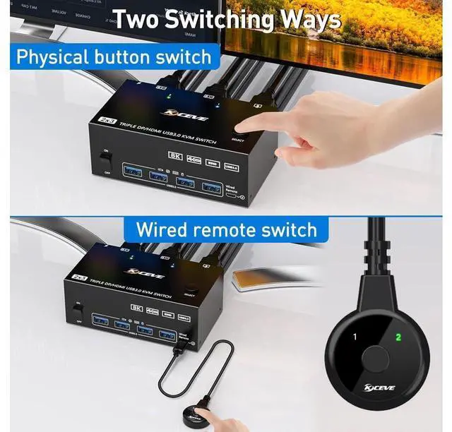 Alt view image 4 of 7 - Triple Monitors KVM Switch HDMI 2 Displayport USB 3.0 KVM Switch 8K@60Hz, 4K@144Hz 3 Monitors 2 Computers KVM with 4 USB 3.0 Ports Included KVM Cables,HD-MI 8K@60Hz/4K@60Hz,DP 8K@30Hz/4K@144Hz eokCXOY