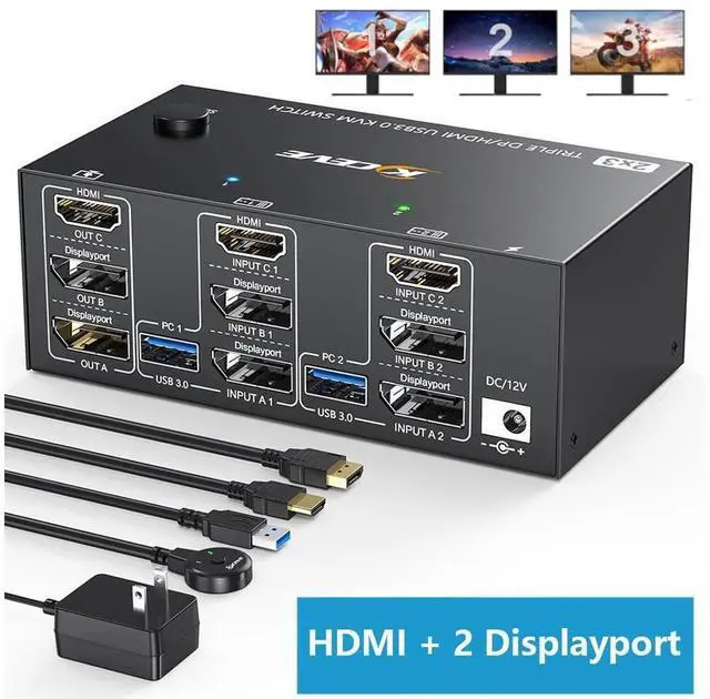 Main image of Triple Monitors KVM Switch HDMI 2 Displayport USB 3.0 KVM Switch 8K@60Hz, 4K@144Hz 3 Monitors 2 Computers KVM with 4 USB 3.0 Ports Included KVM Cables,HD-MI 8K@60Hz/4K@60Hz,DP 8K@30Hz/4K@144Hz eokCXOY