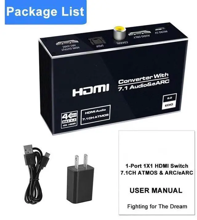 Alt view image 7 of 7 - 4K HDMI Audio Extractor Splitter, HDMI to HDMI + Optical Toslink SPDIF + 3.5mm Audio Jack + Coaxial + 7.1Ch HDMI Audio Support ARC and eARC Function eokCXOY