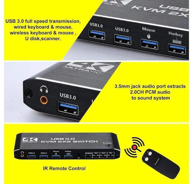 Alt view image 4 of 7 - KVM Switch 2 Monitors 2 Computers, 4K@60Hz Dual Monitor HDMI KVM Switch 2 in 2 Out with Audio, Keyboard Video Mouse Peripherals Display Port Switcher, UHD Support, USB 3.0 Hub, Hotkeys eokCXOY