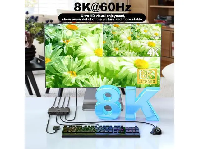 Alt view image 2 of 7 - 2 Port 8K HDMI KVM Switch Box, USB 3.0 USB and HDMI Switch Selector for 2 Computers Share Keyboard Mouse Printer and One Monitor, HDMI KVM Switch 2 in 1 Out Support UHD 8K@60Hz with Remote Controller