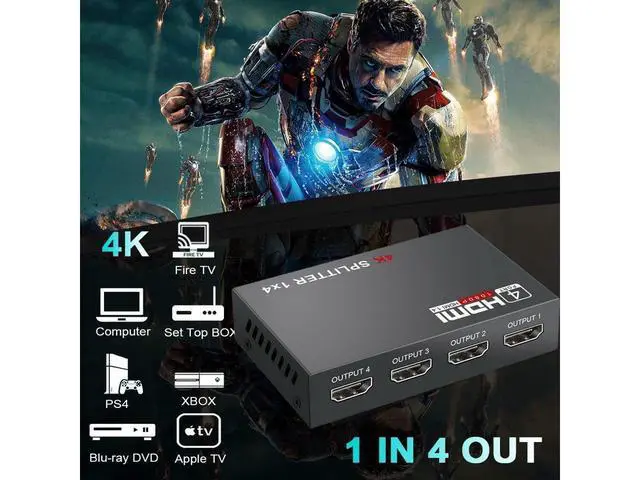 Alt view image 6 of 7 - HDMI Splitter 1 in 4 Out, 1x4 HDMI Splitter Support 4K@30Hz Full HD 1080P & 3D, Compatible with Xbox PS3/4 Roku Blu-Ray Player eokCXOY