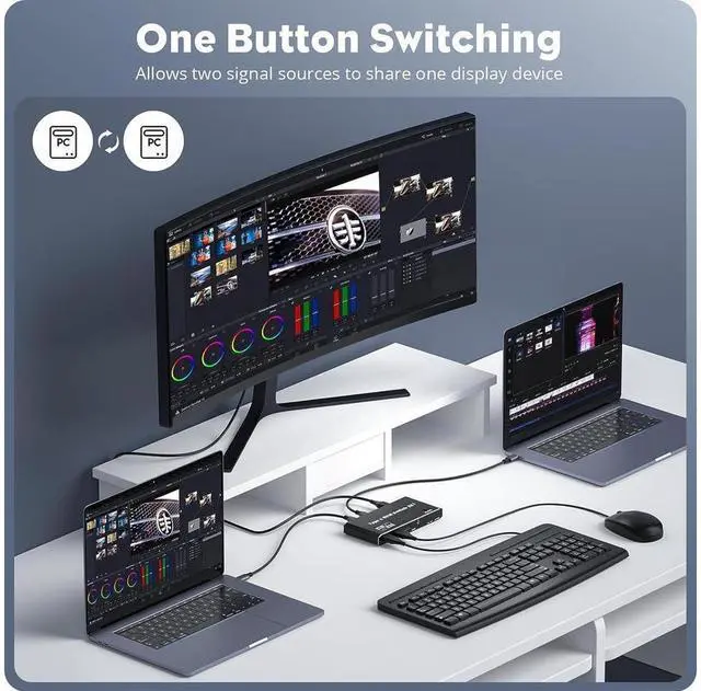 Alt view image 3 of 7 - USB C KVM Switch 2 Port 8K@60Hz 4K@120Hz- with 3 USB 2.0 Ports & 100W Power Delivery, Type C KVM Switch 2x1 for 2 Computers Share 1 Monitor Keyboard & Mouse, Compatible Laptop, with 2 USB C Cables