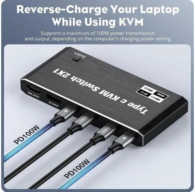 Alt view image 4 of 7 - USB C KVM Switch 2 Port 8K@60Hz 4K@120Hz- with 3 USB 2.0 Ports & 100W Power Delivery, Type C KVM Switch 2x1 for 2 Computers Share 1 Monitor Keyboard & Mouse, Compatible Laptop, with 2 USB C Cables