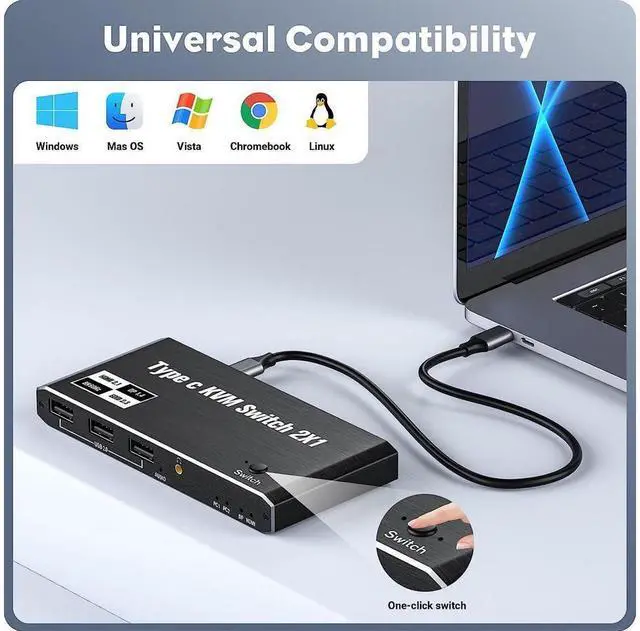 Alt view image 6 of 7 - USB C KVM Switch 2 Port 8K@60Hz 4K@120Hz- with 3 USB 2.0 Ports & 100W Power Delivery, Type C KVM Switch 2x1 for 2 Computers Share 1 Monitor Keyboard & Mouse, Compatible Laptop, with 2 USB C Cables