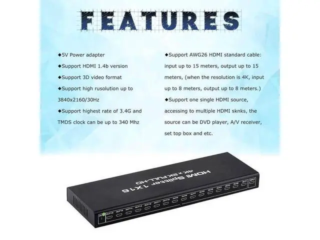 Alt view image 5 of 7 - HDMI Splitter, Duplicate/Mirror, 4K HDMI Splitter 1 in 16 Out [Metal Case, 16Port ] , Powered Splitter, 1 Source to 16 Identical Displays for TV, Projector eokCXOY