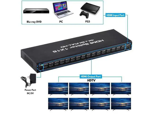 Alt view image 3 of 7 - HDMI Splitter, Duplicate/Mirror, 4K HDMI Splitter 1 in 16 Out [Metal Case, 16Port ] , Powered Splitter, 1 Source to 16 Identical Displays for TV, Projector eokCXOY