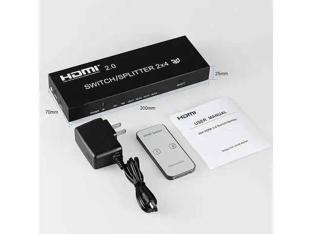 Alt view image 7 of 7 - 4K @60Hz HDMI Switch Splitter 2 in 4 Out with Remote, 2x4 HDMI Splitter Switcher 4K with SPDIF & 3.5mm Audio, Support 4K, 3D, 1080p, HDCP2.2, HDR 10 for PS4, Xbox, Fire Stick, etc eokCXOY