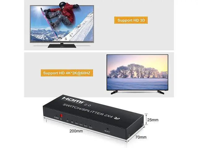 Alt view image 3 of 7 - 4K @60Hz HDMI Switch Splitter 2 in 4 Out with Remote, 2x4 HDMI Splitter Switcher 4K with SPDIF & 3.5mm Audio, Support 4K, 3D, 1080p, HDCP2.2, HDR 10 for PS4, Xbox, Fire Stick, etc eokCXOY