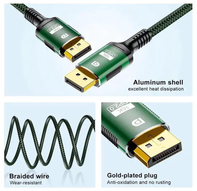 Alt view image 2 of 7 - 8K DisplayPort 2.0 Cable 3.3ft, 16K DP Cable 2.0 (16K@60Hz 8K@120Hz 4K@240Hz 165Hz 144Hz) Gaming Monitor Cable DP Male to DP Male GSync/FreeSync 80Gbps HDR10 ARC HDCP Supported for PC TV eokCXOY