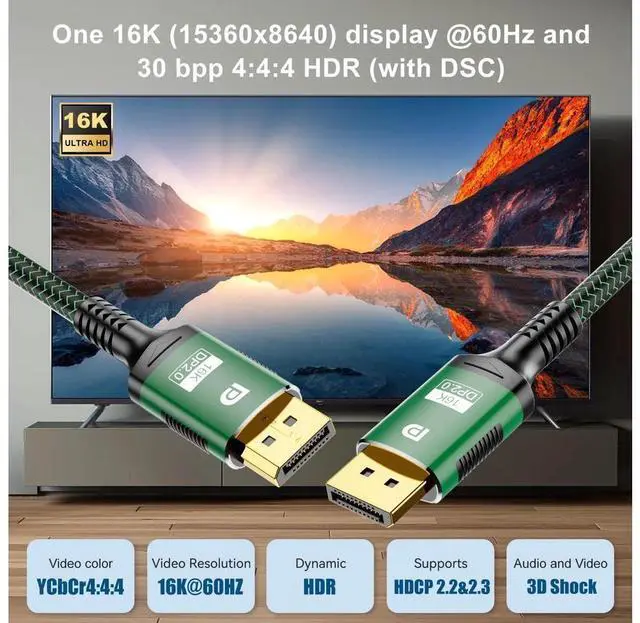 Alt view image 5 of 7 - 8K DisplayPort 2.0 Cable 3.3ft, 16K DP Cable 2.0 (16K@60Hz 8K@120Hz 4K@240Hz 165Hz 144Hz) Gaming Monitor Cable DP Male to DP Male GSync/FreeSync 80Gbps HDR10 ARC HDCP Supported for PC TV eokCXOY