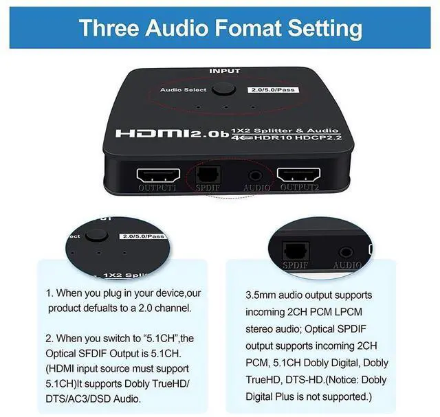 Alt view image 7 of 7 - HDMI Splitter 1 in 2 Out with 3.5mm Jack & Optical SPDIF audio out - 4K Ver HDMI2.0 HDCP2.2, Powered HDMI Splitter Supports 3D 4K@60HZ Full HD1080P for Xbox PS4 PS3 Fire Stick Roku Blu-Ray Player TV