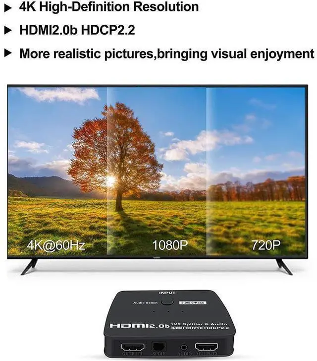 Alt view image 5 of 7 - HDMI Splitter 1 in 2 Out with 3.5mm Jack & Optical SPDIF audio out - 4K Ver HDMI2.0 HDCP2.2, Powered HDMI Splitter Supports 3D 4K@60HZ Full HD1080P for Xbox PS4 PS3 Fire Stick Roku Blu-Ray Player TV