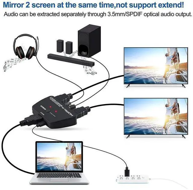 Alt view image 3 of 7 - HDMI Splitter 1 in 2 Out with 3.5mm Jack & Optical SPDIF audio out - 4K Ver HDMI2.0 HDCP2.2, Powered HDMI Splitter Supports 3D 4K@60HZ Full HD1080P for Xbox PS4 PS3 Fire Stick Roku Blu-Ray Player TV