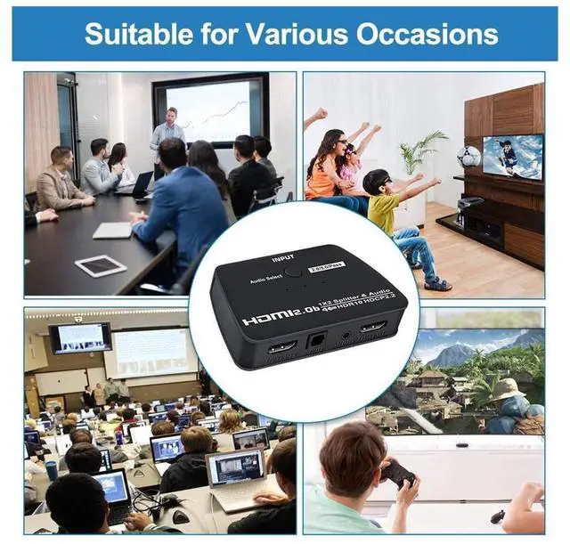 Alt view image 6 of 7 - HDMI Splitter 1 in 2 Out with 3.5mm Jack & Optical SPDIF audio out - 4K Ver HDMI2.0 HDCP2.2, Powered HDMI Splitter Supports 3D 4K@60HZ Full HD1080P for Xbox PS4 PS3 Fire Stick Roku Blu-Ray Player TV