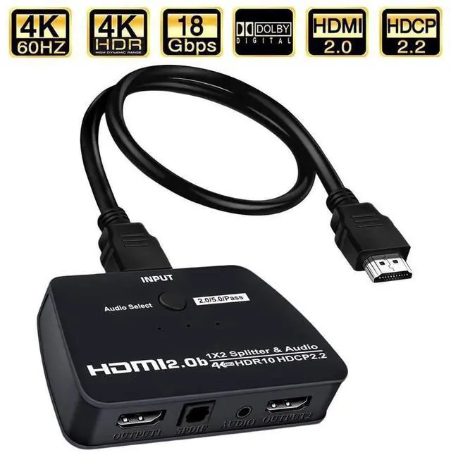 Main image of HDMI Splitter 1 in 2 Out with 3.5mm Jack & Optical SPDIF audio out - 4K Ver HDMI2.0 HDCP2.2, Powered HDMI Splitter Supports 3D 4K@60HZ Full HD1080P for Xbox PS4 PS3 Fire Stick Roku Blu-Ray Player TV