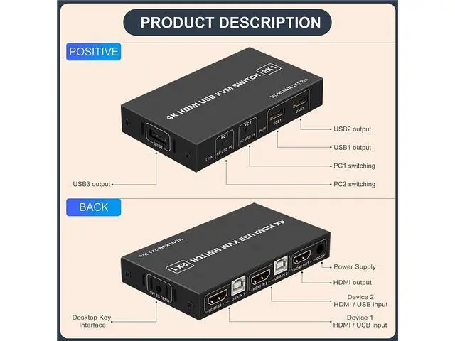 Alt view image 3 of 7 - KVM HDMI USB Switch 2x1, USB Switch 4K HDMI Switcher Box for 2 Computers Share Keyboard Mouse Monitor Support 4K@30Hz for Laptop,PC,Xbox HDTV, with 2x USB Cable,1x Switch Button Cable eokCXOY