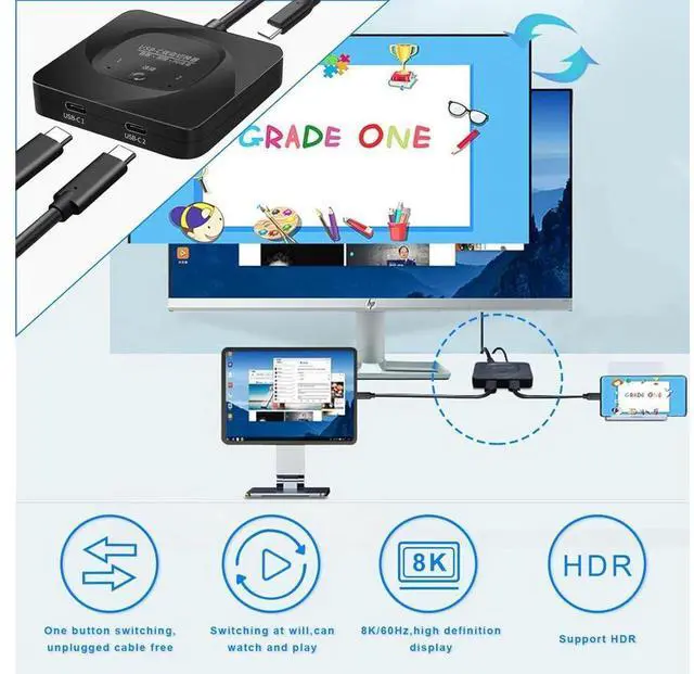 Alt view image 3 of 7 - USB C Switch, 8K 60Hz 2 in 1 Out/1 in 2 Out Bi Directional USB3.1 Type C Data Transfer Splitter, 10Gbps Data Transfer PD 100W Power Delivery Share Monitor Switch Selector with Power Indicator for PCs