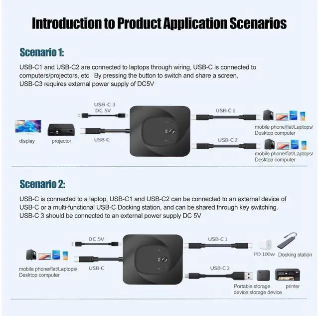 Alt view image 4 of 7 - USB C Switch, 8K 60Hz 2 in 1 Out/1 in 2 Out Bi Directional USB3.1 Type C Data Transfer Splitter, 10Gbps Data Transfer PD 100W Power Delivery Share Monitor Switch Selector with Power Indicator for PCs
