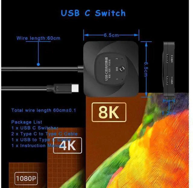 Alt view image 2 of 7 - USB C Switch, 8K 60Hz 2 in 1 Out/1 in 2 Out Bi Directional USB3.1 Type C Data Transfer Splitter, 10Gbps Data Transfer PD 100W Power Delivery Share Monitor Switch Selector with Power Indicator for PCs