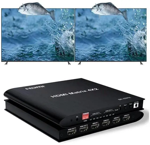Main image of 4x2 8K @60HZ HDMI Matrix Switcher, HDMI Matrix 4 in 2 Out 4K 120Hz HDR HDMI Splitter HDMI Scaler 8K 60Hz Sync, HDCP2.3 HDMI2.1 48 Gbps Matrix 4x2 with IR Remote and Power Adapter (US Standard) eokCXOY