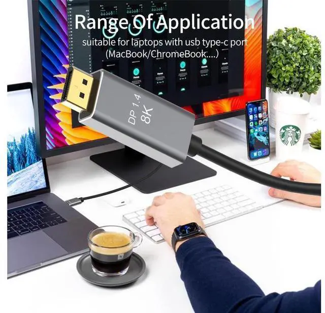 Alt view image 4 of 7 - USB C to DisplayPort Cable, 3.3Ft Type C to DP 1.4 Cable, 8K Thunderbolt 3 to Displayport Cord 32.4Gbps UHD 8K@30Hz/4K@144Hz/2K@240Hz, Support HBR3 HDR for MacBook Pro/Air, iPad, Samsung Galaxy