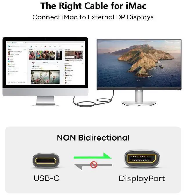 Alt view image 3 of 7 - USB C to DisplayPort Cable, 3.3Ft Type C to DP 1.4 Cable, 8K Thunderbolt 3 to Displayport Cord 32.4Gbps UHD 8K@30Hz/4K@144Hz/2K@240Hz, Support HBR3 HDR for MacBook Pro/Air, iPad, Samsung Galaxy